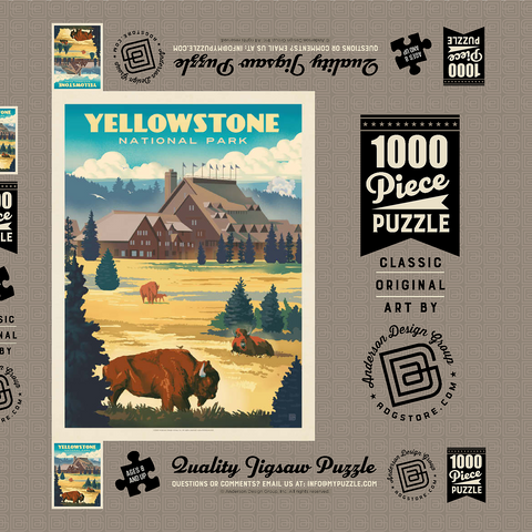Yellowstone National Park: Old Faithful Inn Bisons, Vintage Poster 1000 Puzzle Schachtel 3D Modell