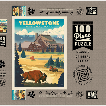 Yellowstone National Park: Old Faithful Inn Bisons, Vintage Poster 100 Puzzle Schachtel 3D Modell