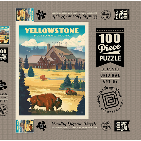 Yellowstone National Park: Old Faithful Inn Bisons, Vintage Poster 100 Puzzle Schachtel 3D Modell