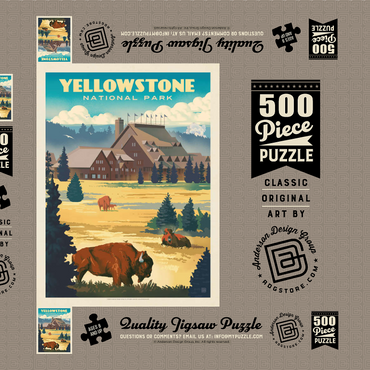 Yellowstone National Park: Old Faithful Inn Bisons, Vintage Poster 500 Puzzle Schachtel 3D Modell