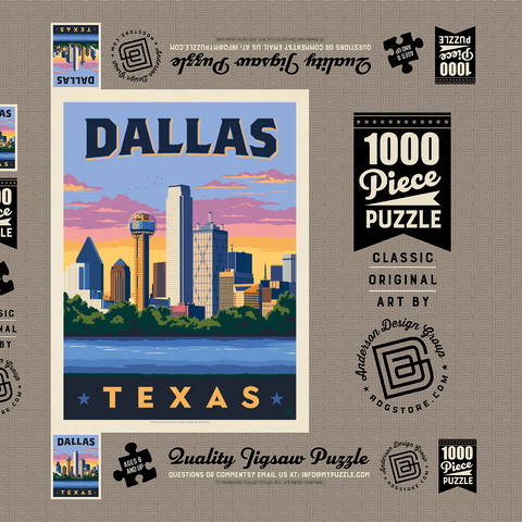 Dallas, Texas: Downtown River View, Vintage Poster 1000 Puzzle Schachtel 3D Modell