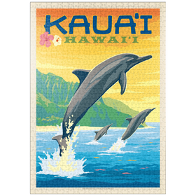 Darstellung des Puzzle Motivs Hawaii: Kaua'i (Dolphins), Vintage Poster - Puzzleteile: 1000