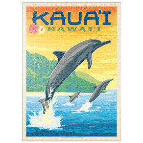 Darstellung des Puzzle Motivs Hawaii: Kaua'i (Dolphins), Vintage Poster - Puzzleteile: 500