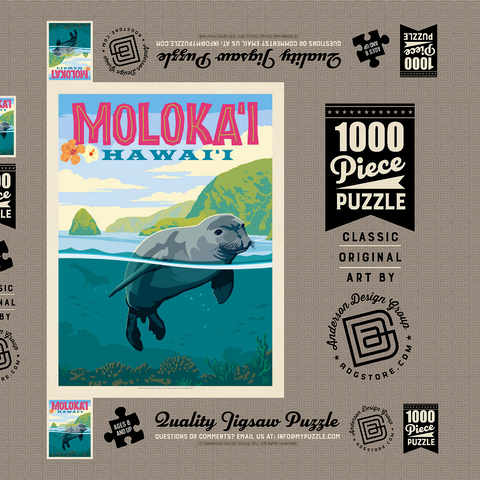 Hawaii: Moloka'i (Monk Seal), Vintage Poster 1000 Puzzle Schachtel 3D Modell