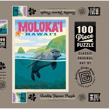Hawaii: Moloka'i (Monk Seal), Vintage Poster 100 Puzzle Schachtel 3D Modell