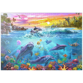 Darstellung des Puzzle-Motivs Tanz der Delfine bei Sonnenuntergang – Puzzleteile: 1000