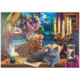 Darstellung des Puzzle-Motivs Geheimnisse der Katzenbibliothek – Puzzleteile: 1000