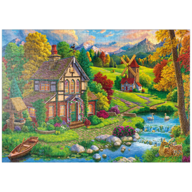Darstellung des Puzzle-Motivs Romantisches Landhaus am Bach – Puzzleteile: 1000
