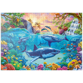 Darstellung des Puzzle-Motivs Haie im klaren Tropenwasser – Puzzleteile: 1000