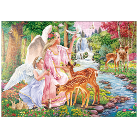 Darstellung des Puzzle-Motivs Engel und Rehe am Fluss – Puzzleteile: 1000