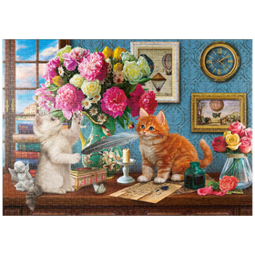 Darstellung des Puzzle-Motivs Katzenglück und Blumenduft – Puzzleteile: 1000