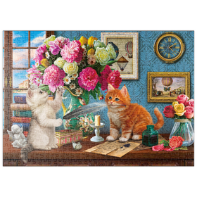 Darstellung des Puzzle Motivs Katzenglück und Blumenduft - Puzzleteile: 500