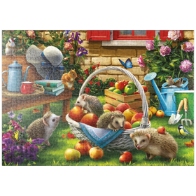 Darstellung des Puzzle-Motivs Igel im Obstgarten: Ein sommerliches Abenteuer – Puzzleteile: 1000