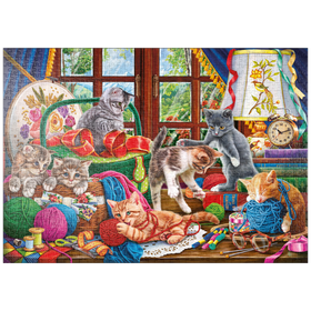 Darstellung des Puzzle-Motivs Verspielte Kätzchen und bunte Garne – Puzzleteile: 1000