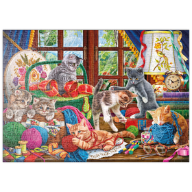 Darstellung des Puzzle Motivs Verspielte Kätzchen und bunte Garne - Puzzleteile: 500