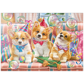 Darstellung des Puzzle Motivs Corgi-Welpen im Partyfieber - Puzzleteile: 1000