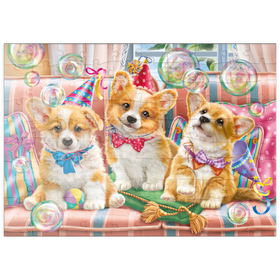Darstellung des Puzzle Motivs Corgi-Welpen im Partyfieber - Puzzleteile: 100