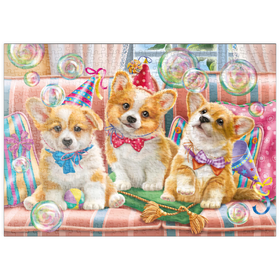 Darstellung des Puzzle-Motivs Corgi-Welpen im Partyfieber – Puzzleteile: 500