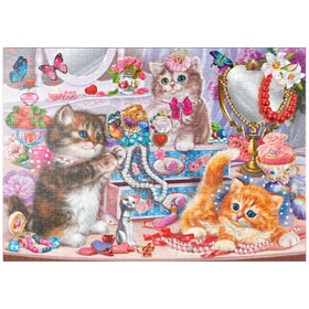 Darstellung des Puzzle-Motivs Verspielte Katzen und funkelnde Schätze – Puzzleteile: 1000