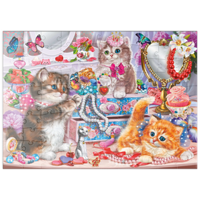 Darstellung des Puzzle Motivs Verspielte Katzen und funkelnde Schätze - Puzzleteile: 100