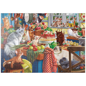 Darstellung des Puzzle-Motivs Katzenparty in der Küche – Puzzleteile: 1000