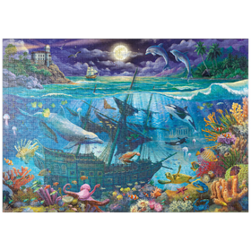 Darstellung des Puzzle-Motivs Delfine und Wrack bei Mondschein – Puzzleteile: 1000