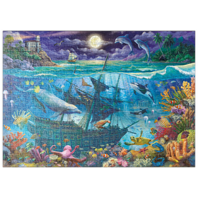 Darstellung des Puzzle-Motivs Delfine und Wrack bei Mondschein – Puzzleteile: 500