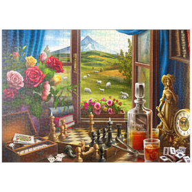 Darstellung des Puzzle-Motivs Rosen und Schach - Landidylle – Puzzleteile: 1000