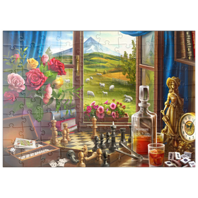 Darstellung des Puzzle Motivs Rosen und Schach - Landidylle - Puzzleteile: 100