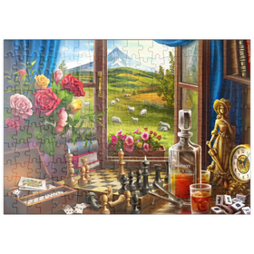 Darstellung des Puzzle Motivs Rosen und Schach - Landidylle - Puzzleteile: 200