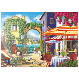 Darstellung des Puzzle-Motivs Mediterrane Gassen und Cafés – Puzzleteile: 1000