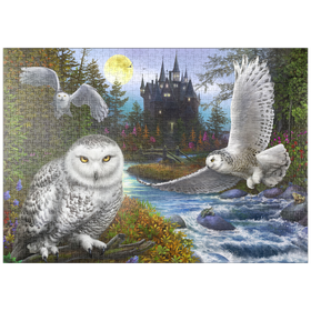 Darstellung des Puzzle-Motivs Schnee-Eulen und das Mondschloss – Puzzleteile: 1000