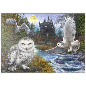 Darstellung des Puzzle Motivs Schnee-Eulen und das Mondschloss - Puzzleteile: 500