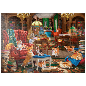 Darstellung des Puzzle Motivs Corgi-Chaos in der Bibliothek - Puzzleteile: 1000
