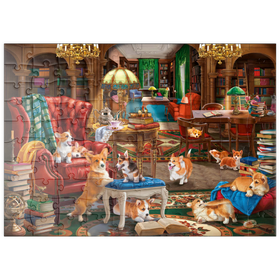 Darstellung des Puzzle Motivs Corgi-Chaos in der Bibliothek - Puzzleteile: 100