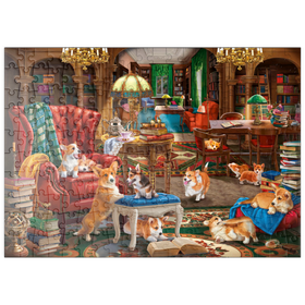 Darstellung des Puzzle Motivs Corgi-Chaos in der Bibliothek - Puzzleteile: 200