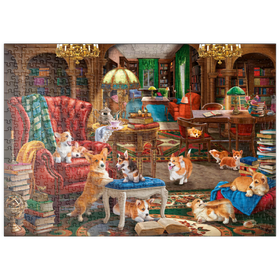 Darstellung des Puzzle-Motivs Corgi-Chaos in der Bibliothek – Puzzleteile: 500