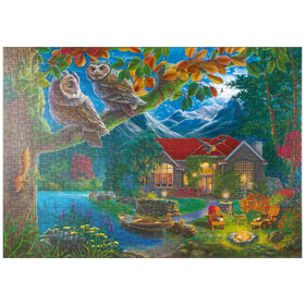Darstellung des Puzzle-Motivs Das Geheimnis der Waldnacht, Eulen im Mondschein – Puzzleteile: 1000