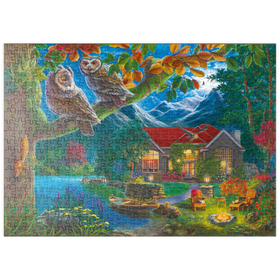 Darstellung des Puzzle-Motivs Das Geheimnis der Waldnacht, Eulen im Mondschein – Puzzleteile: 500