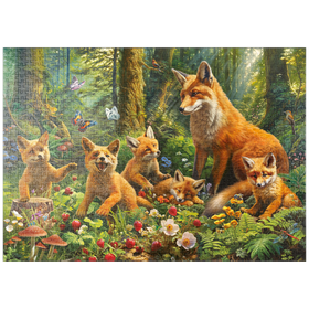 Darstellung des Puzzle-Motivs Fuchsfamilie im Zauberwald – Puzzleteile: 1000