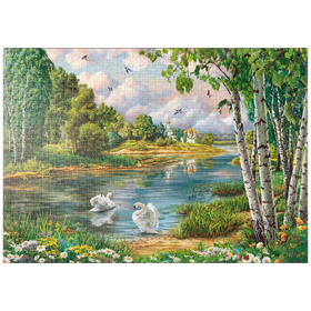 Darstellung des Puzzle-Motivs Schwanensee im Grünen – Puzzleteile: 1000