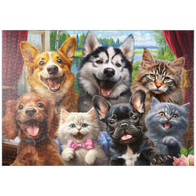 Darstellung des Puzzle-Motivs Pfotenfreunde - Welpen und Kätzchen – Puzzleteile: 1000
