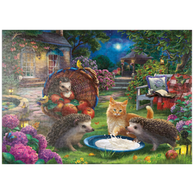 Darstellung des Puzzle-Motivs Nacht im Gartenparadies, Igel & Kätzchen – Puzzleteile: 1000