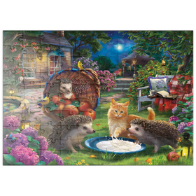 Darstellung des Puzzle Motivs Nacht im Gartenparadies, Igel & Kätzchen - Puzzleteile: 100