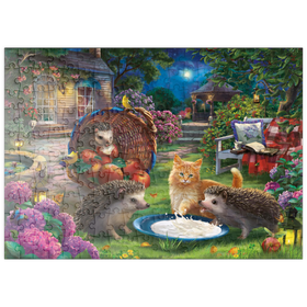 Darstellung des Puzzle Motivs Nacht im Gartenparadies, Igel & Kätzchen - Puzzleteile: 200