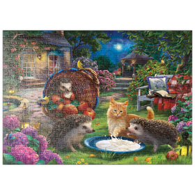 Darstellung des Puzzle Motivs Nacht im Gartenparadies, Igel & Kätzchen - Puzzleteile: 500