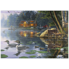 Darstellung des Puzzle-Motivs Waldhütte am spiegelnden See – Puzzleteile: 1000