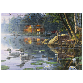 Darstellung des Puzzle Motivs Waldhütte am spiegelnden See - Puzzleteile: 100