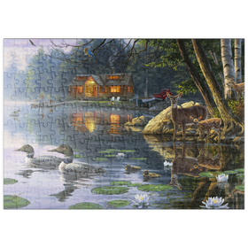 Darstellung des Puzzle-Motivs Waldhütte am spiegelnden See – Puzzleteile: 200