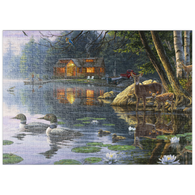 Darstellung des Puzzle Motivs Waldhütte am spiegelnden See - Puzzleteile: 500